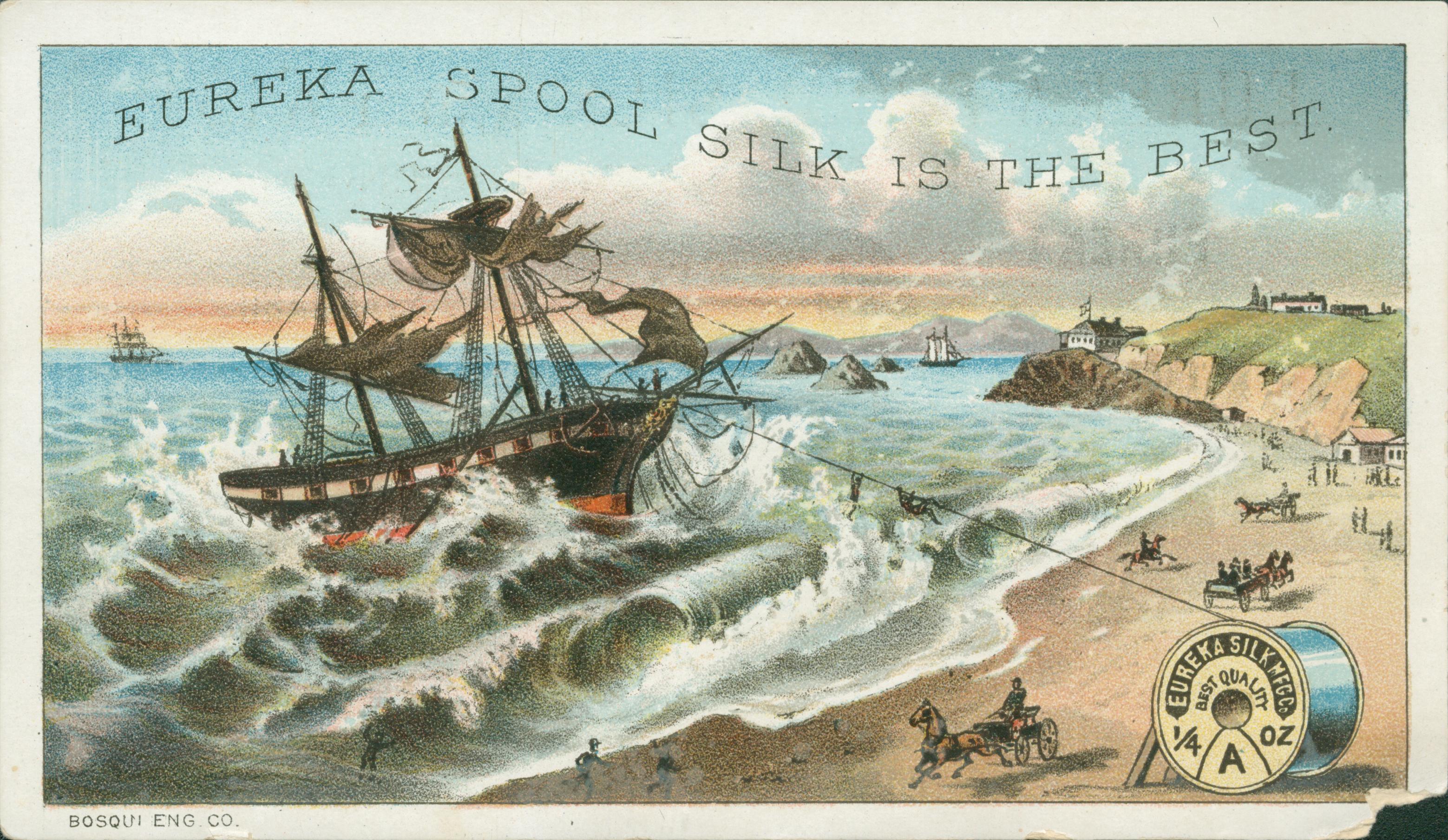 This trade card shows a ship tossed on a stormy see being anchored to the shore by a spool of Eureka Silk thread.